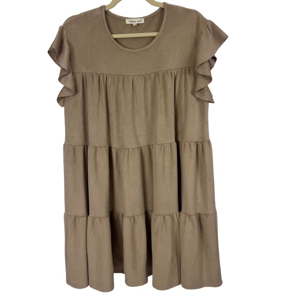 Indigo Soul Dress Tan Faux Suede Tiered Babydoll Women Size L Ruffle Sleeve Mini